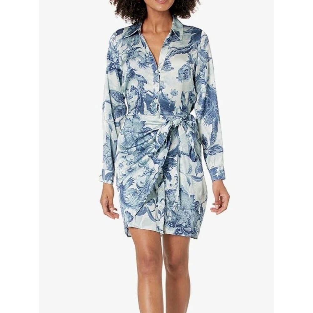 NWT Guess Alya Printed Long Sleeve Shirt Dress - Blue Floral XL Women's NEW